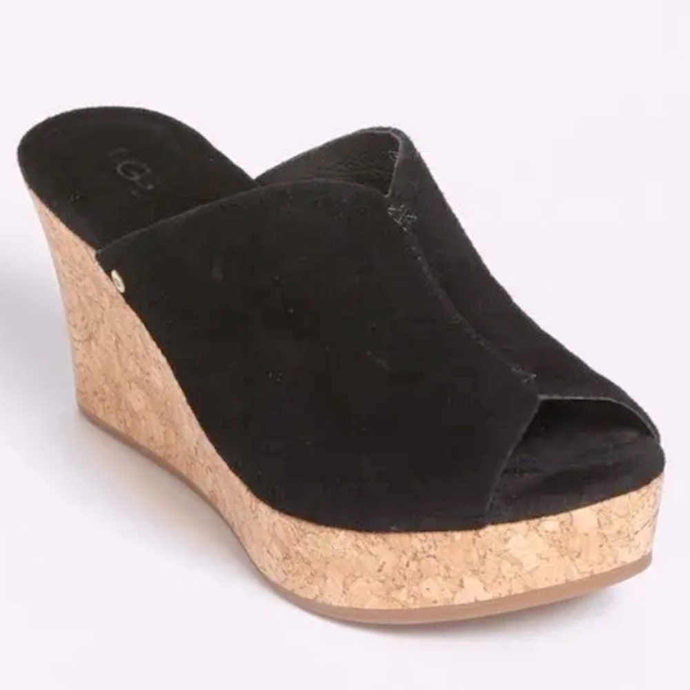 UGG Platform Wedge Sandal Size 9.5 Black Suede Dominique Cork Peep Toe Boho